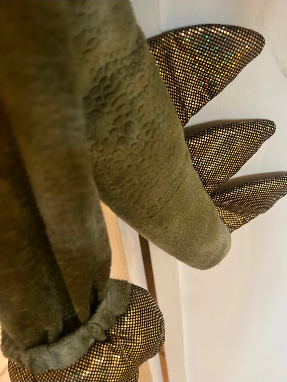 Olive Green Dinosaur Hooded Kids costume with gold Scales